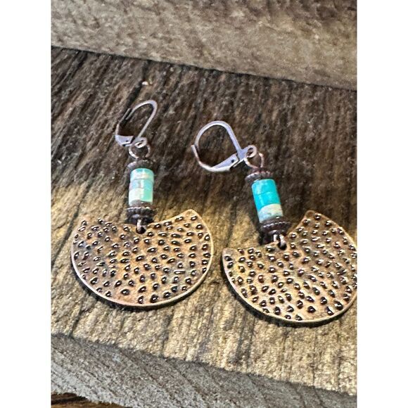 Boho Vintage Chic Southwestern Copper Dangle Wire Earrings, Turquoise Stone, Gi - Picture 3 of 10